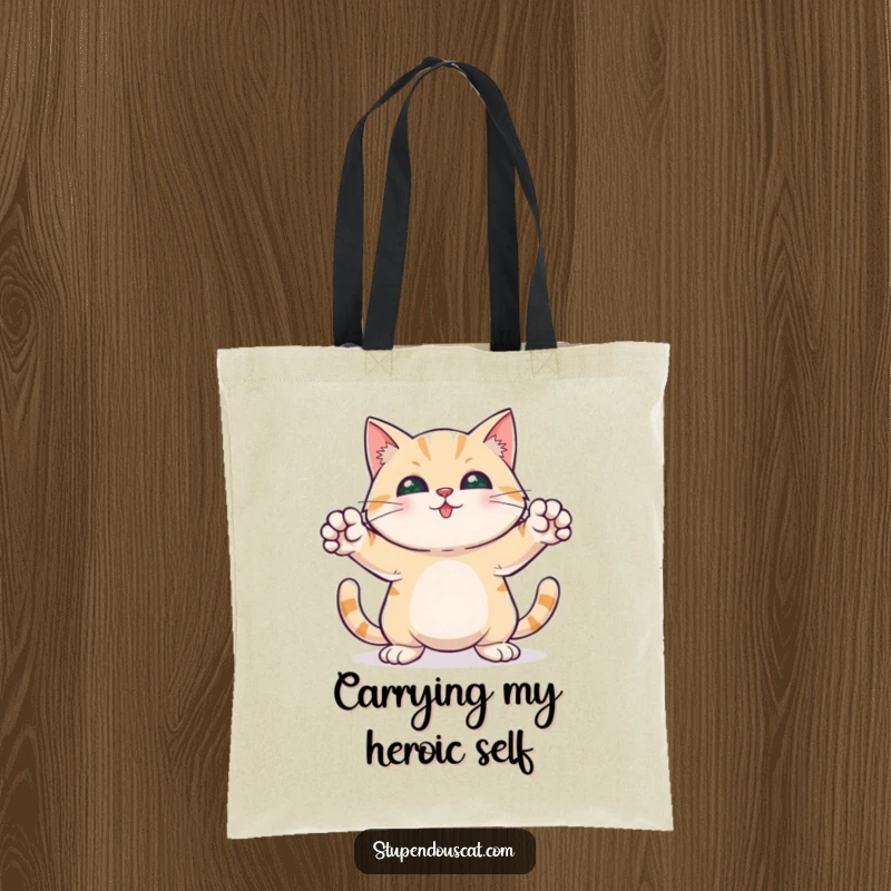 Funny tote bag featuring a heroic cat standing tall with paws outstretched, ready for any task.