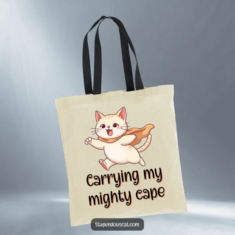 Funny tote bag showcasing a determined cat hero mid-leap, cape flying, perfect for carrying daily essentials.