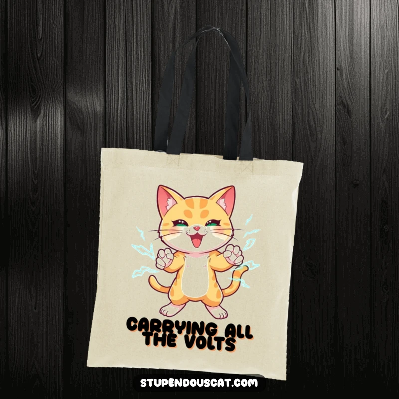Funny tote bag displaying a powerful cat generating lightning bolts around its paws, striking a dynamic and energetic pose.