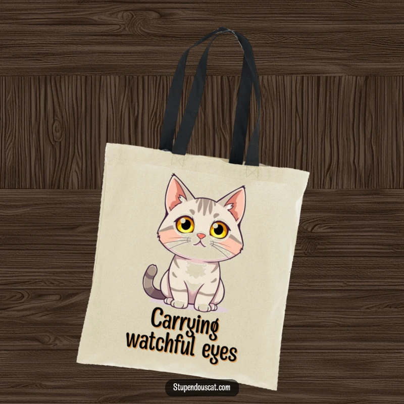 Funny tote bag featuring a cat with glowing eyes confidently surveying its surroundings, perfect for carrying essentials with mystical humor, a great gift.