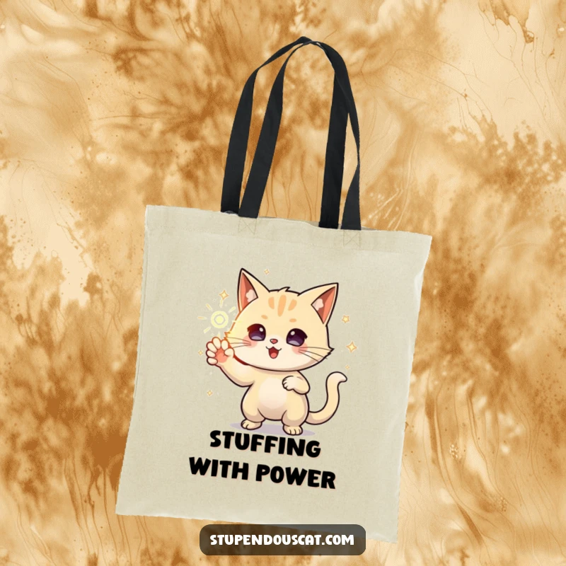 Funny Tote Bag featuring a powerful cat conjuring a sparkling orb of energy, perfect for carrying items with a magical aura.