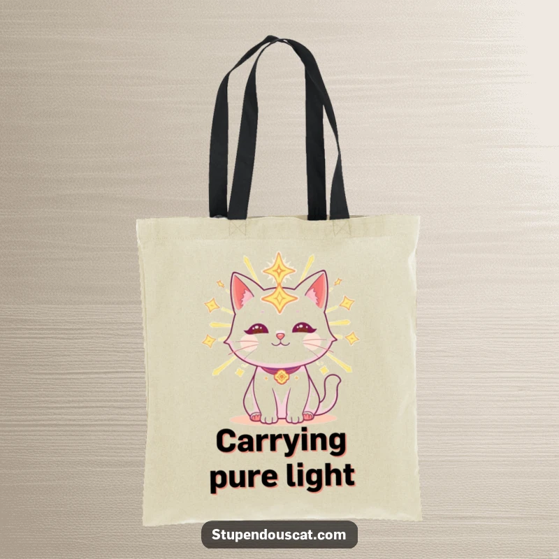Funny Tote Bag featuring a radiant cat adorned with glowing celestial symbols, perfect for carrying daily items with otherworldly beauty.