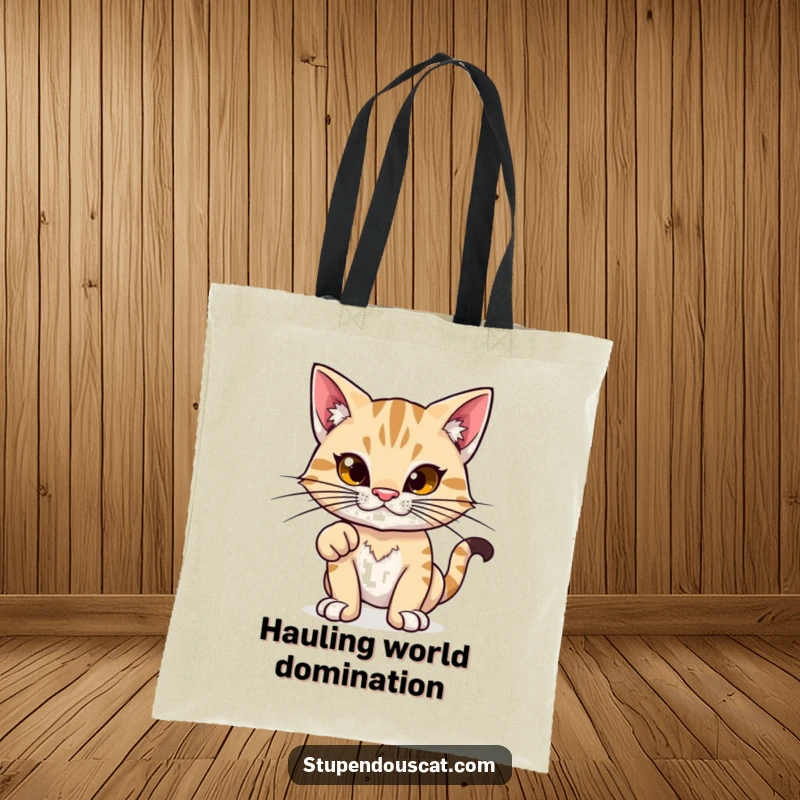 Funny tote bag: A proud feline with exaggerated whiskers stands confidently in a power stance, ready for anything.