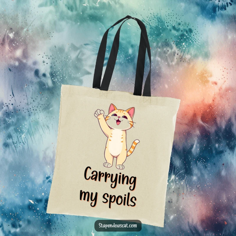 Funny Cat Tote Bag illustrating an admirable cat standing tall with an outstretched paw of triumph, perfect for carrying wins.